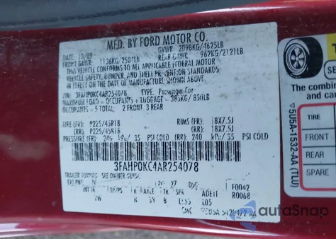 2010 Ford Fusion Sport из США, поврежденный, VIN 3FAHP0KC4AR254078